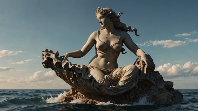 A statue of Amphitrite, seated atop waves, controlling the rhythms of the tides
