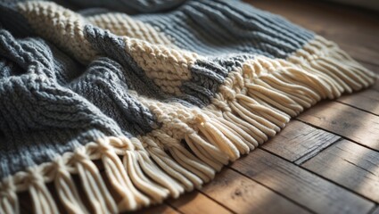 Fototapeta premium Autumn setting. Beautiful gray scarf laid out against a background. Flat lay, top view.