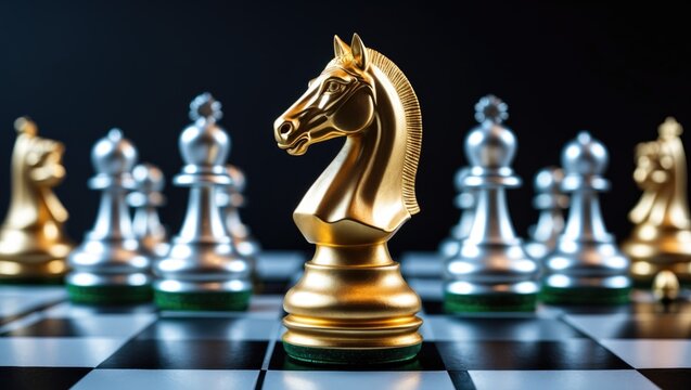 The golden knight chess piece positioned in front of silver pawn chess pieces on a chessboard against a dark background. Leadership, follower, team, commander, competition, and business strategy co...
