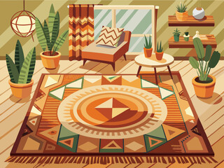 A cozy area rug in warm earth tones with geometric patterns, placed on a light-colored floor background.