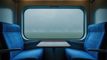 Isolated white window backgrounds on a hygienic empty seat in public transportation train, subway, or bus with sunlight for travelers during vacation with a personalized view.