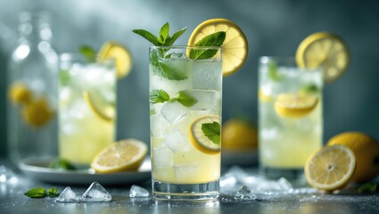 Fresh summer beverage featuring lemons, mint, and ice.