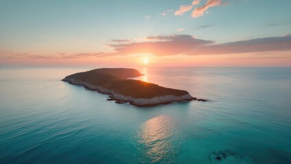 Golden sunset above tropical islands silhouette. Ideal wild nature landscape, travel backdrop. Aerial view drone image.