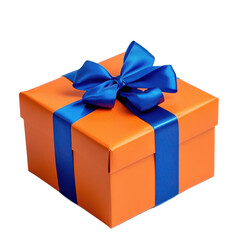 Obraz premium An orange gift box with a blue ribbon in a minimalistic and elegant composition with transparent background