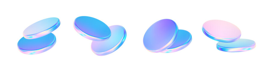 3d glass disk shape hologram effect. Render abstract neon pink blue coin set. Fly round podium, disc, badge, lens, plate crystal isolation. Y2k hologram shape. Vector trendy illustration