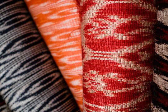 Closeup of T'nalak clothes in various colors and design patterns made from quality Abaca plant fiber, hand crafted by indigenous people in the south of the Philippines, Lake Sebu & T'boli. Animal free