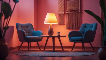 Bright lamp on coffee table, inviting armchairs and shelving unit in modern living room.
