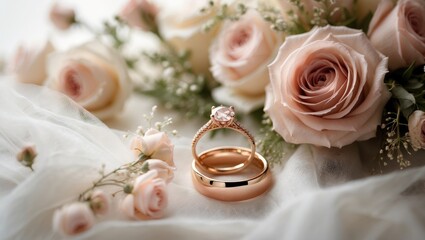 Gold rings alongside a beautiful bridal bouquet of roses in the background. Details, wedding traditions. Close-up, macro.