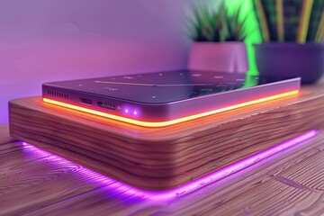 A modern smartphone rests on a sleek wooden stand with vibrant LED lighting, surrounded by potted plants, creating a stylish tech display.
