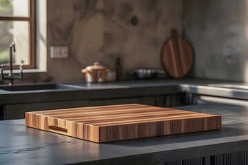 Realistic photo of wood cutting board, chopping board on table in kitchen indoor room equipment, in concept of clean and prepare for food and cooking