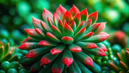 Fototapeta premium green aloe vera-like flower with red tips and thick leaves
