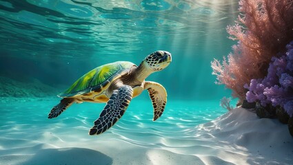 Obraz premium Green sea turtle gliding through the crystal-clear lagoon.