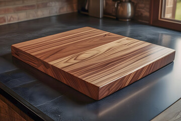 Fototapeta premium Realistic photo of wood cutting board, chopping board on table in kitchen indoor room equipment, in concept of clean and prepare for food and cooking