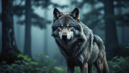 Gray wolf, commonly referred to as the timber wolf, standing alone in the forest.