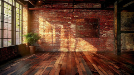 Old abandoned empty room with a plant photograph. Template. Mockup. Stone blanck walls and wooden floor. Beautiful lighting.

