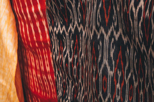 Closeup of T'nalak clothes in various colors and design patterns made from quality Abaca plant fiber, hand crafted by indigenous people in the south of the Philippines, Lake Sebu & T'boli. Animal free