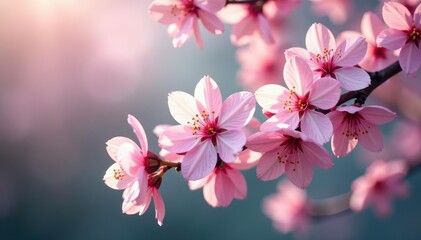 Obraz premium Delicate pink sakura blossoms, soft petals, flowing branches, botanical, floral