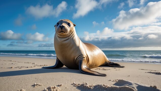 Fur Seal, Arctocephalus galapagoensis, adult resting on the beach.