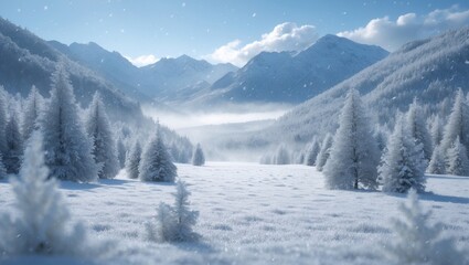 Obraz premium Stunning winter landscape featuring fresh powder snow. Scenic view with spruce trees, a blue sky illuminated by sunlight, and majestic mountains in the distance.