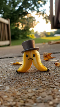 Naklejki Sad Banana Wearing Top Hat on Path