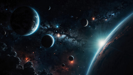 宇宙空間に浮かぶ星雲と惑星