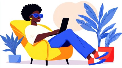 Woman relaxing in a yellow armchair, using a laptop, surrounded by blue plants. Bright, colorful illustration.