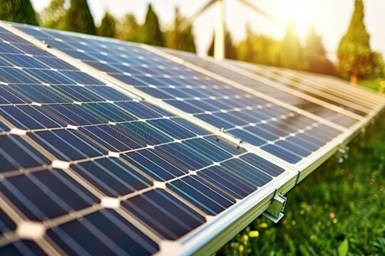 A close-up view of solar panels capturing sunlight, surrounded by greenery, showcasing renewable energy technology in a sustainable environment.