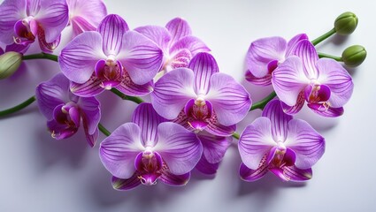 Fototapeta premium Stunning purple Phalaenopsis orchid blossoms, separated against a white backdrop.