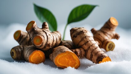Fresh turmeric roots and green leaves on a white background.