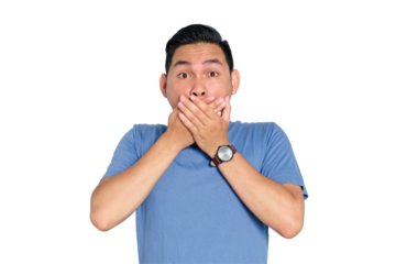 Young Asian man expressing surprise or shock, covering mouth, isolated on transparent background