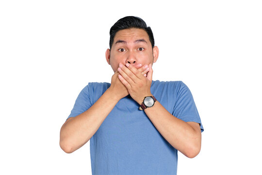 Young Asian man expressing surprise or shock, covering mouth, isolated on transparent background