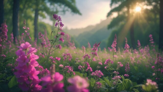 Beautiful rural landscape featuring a green meadow with trees illuminated by sunlight. Medicinal plant blossoming with pink flowers.