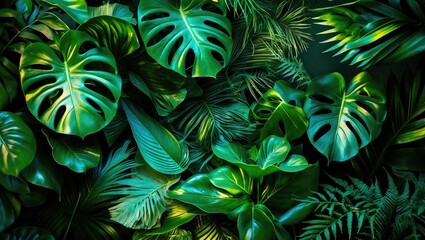 Fototapeta premium Close-up view of nature featuring green leaves with a backdrop of palms. Flat lay, dark nature theme.
