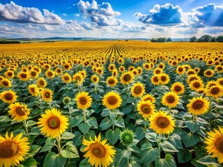 Obraz premium Aerial View of Sunflowers Blooming in a Farm Field Under a Vivid Blue Sky - Seeds & Oil Production