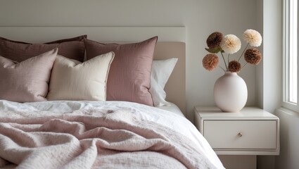 Gray tufted headboard and pink bedcover in a minimalist bedroom featuring simple interior design and copper accessories.