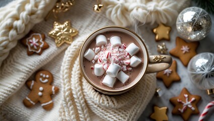 Christmas hot chocolate with marshmallows and peppermint candies in a white mug, viewed from above. A festive cocoa drink for the holidays alongside a warm scarf and seasonal decorations.