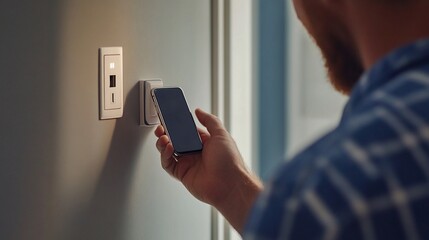 Man plugging smartphone into wall outlet.