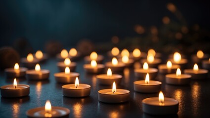Close-up of lit candles in darkness. Reflection of candlelight flames.