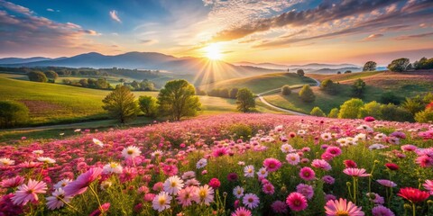 Fototapeta premium Aerial View Watercolor Pink Flower Meadow, Blooming Spring Flowers, Pastel Floral Landscape