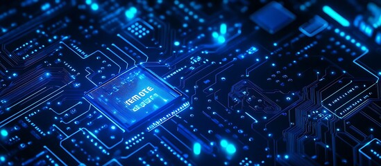 Abstract background with a circuit board pattern and the text "remote" on a blue digital technology banner, a futuristic network tech concept