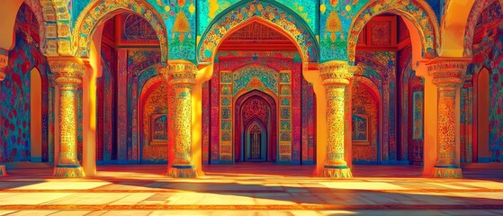 Naklejka premium Ornate building interior with arches columns and colorful decorations.