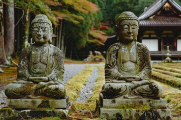 Fototapeta premium Two serene Buddha statues sit in a tranquil garden, surrounded by moss and greenery, reflecting harmony and spirituality.