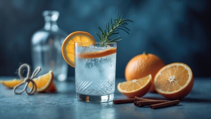 Cocktail with ice, rosemary, cinnamon, and orange on a stone bar table. In the background, various bottles are illuminated by blue light.