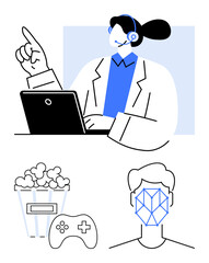 Call center agent with headset using laptop, popcorn bucket, game controller, human face with geometric lines. Ideal for support services, entertainment, gaming, technology, virtual reality AI flat