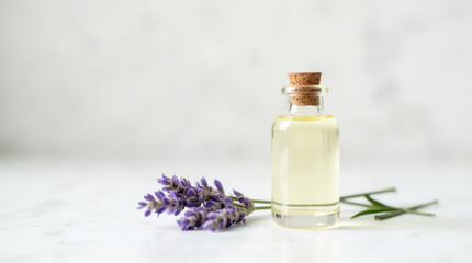 Glass Bottle of Lavender Essential Oil with Fresh Flowers.