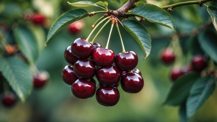Obraz premium Close-up view of dark red ripe cherries hanging on a tree branch with a blurred background.