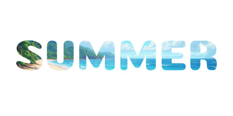 Word summer filled with beach landscape illustration including ocean, sand, forest and sky for seasonal design on white or transparent background