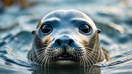 Fototapeta premium Close-up image of seal in the water. Adorable marine animal with a humorous expression and large black eyes.