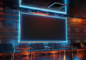 Futuristic panoramic billboard mockup. Cyberpunk style frame interior template. 3D rendering