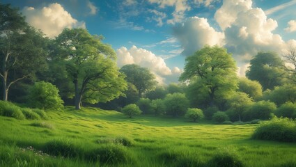 Fototapeta premium Green trees in a lovely park beneath a blue sky.